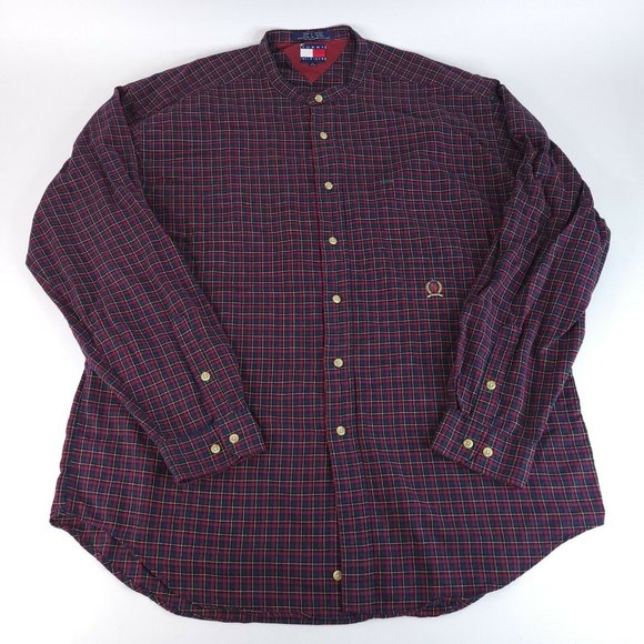 Tommy Hilfiger Other - VTG Tommy Hilfiger Shirt Men X Large Mandarin Collar Red Blue Gold Checked Crest